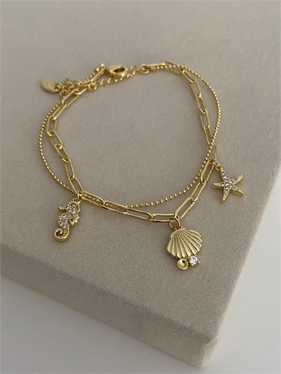 Altın Kaplama Deniz Charm İkili İnce Zincir Bileklik (17cm+ek)
