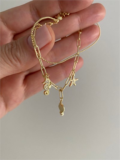 Altın Kaplama Deniz Charm İkili İnce Zincir Bileklik (17cm+ek)