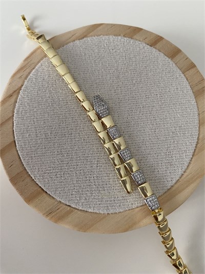 Altın Kaplama Gömme Çift Renk Taşlı Yılan Model Plaka Bileklik (18cm)
