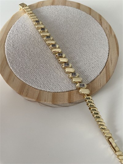Altın Kaplama Gümüş Renk Çerveli Taşlı Gold Plaka Bileklik (17cm+ek)