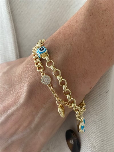 Altın Kaplama Mavi Küp Göz Detaylı Mineli Mavi Beyaz Charmlı Halka Zincir Bileklik (18cm+ek)