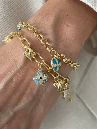 Altın Kaplama Yonca Nazar Detaylı Charmlı Ataç Zincir Bileklik (18cm+ek)