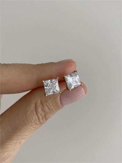 Özel Seri Kristal Taşlı Kare Form Tek Taş Minimal Küpe Gold 7mm