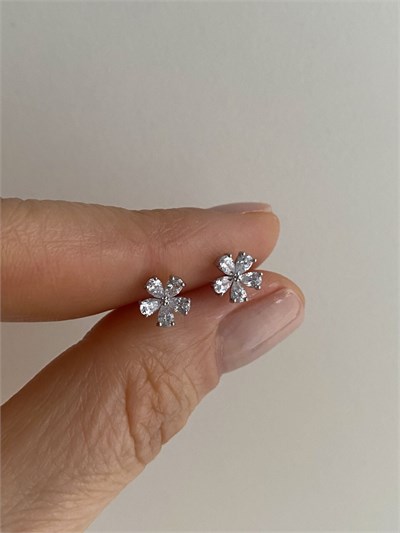 Özel Seri Minimal Çiçek Model Kristal Taşlı Küpe Gümüş Renk