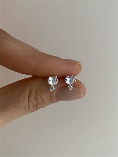 Özel Seri Minimal Tek Taş Kedi Küpe Gümüş Renk