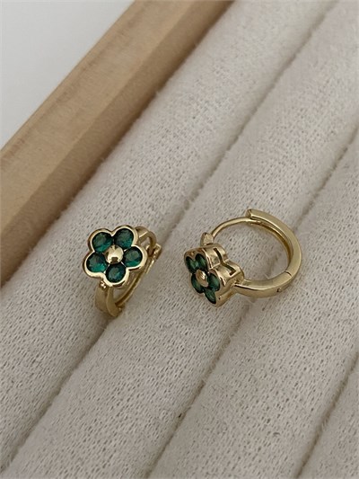 Özel Seri Yeşil Taşlı Çiçek Model Minimal Halka Küpe