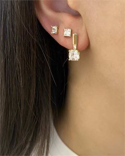 Özel Seri Swarovski Kare Taşlı Minimal Halka Küpe