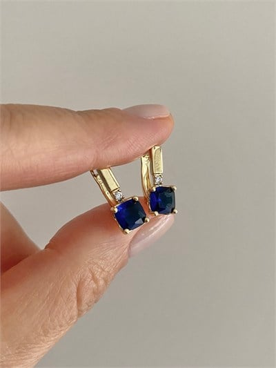 Özel Seri Swarovski Lacivert Kare Taşlı Halka Küpe