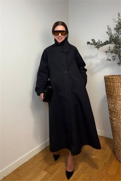Siyah Oversize Dik Yaka Kadın Trençkot