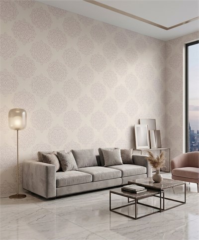 Bej Krem Tekstil Dokulu Madalyon Desenli Duvar Kağıdı