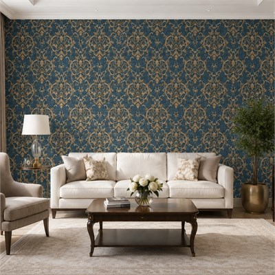 Saks Mavisi Bronz İşlemeli Dokulu Duvar Kağıdı 8527-6