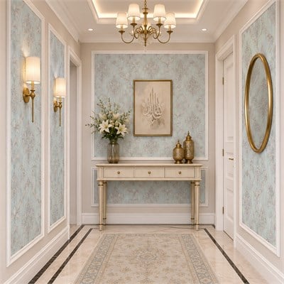 Su Yeşili Krem Klasik Damask Motifli Duvar Kağıdı 8529-7