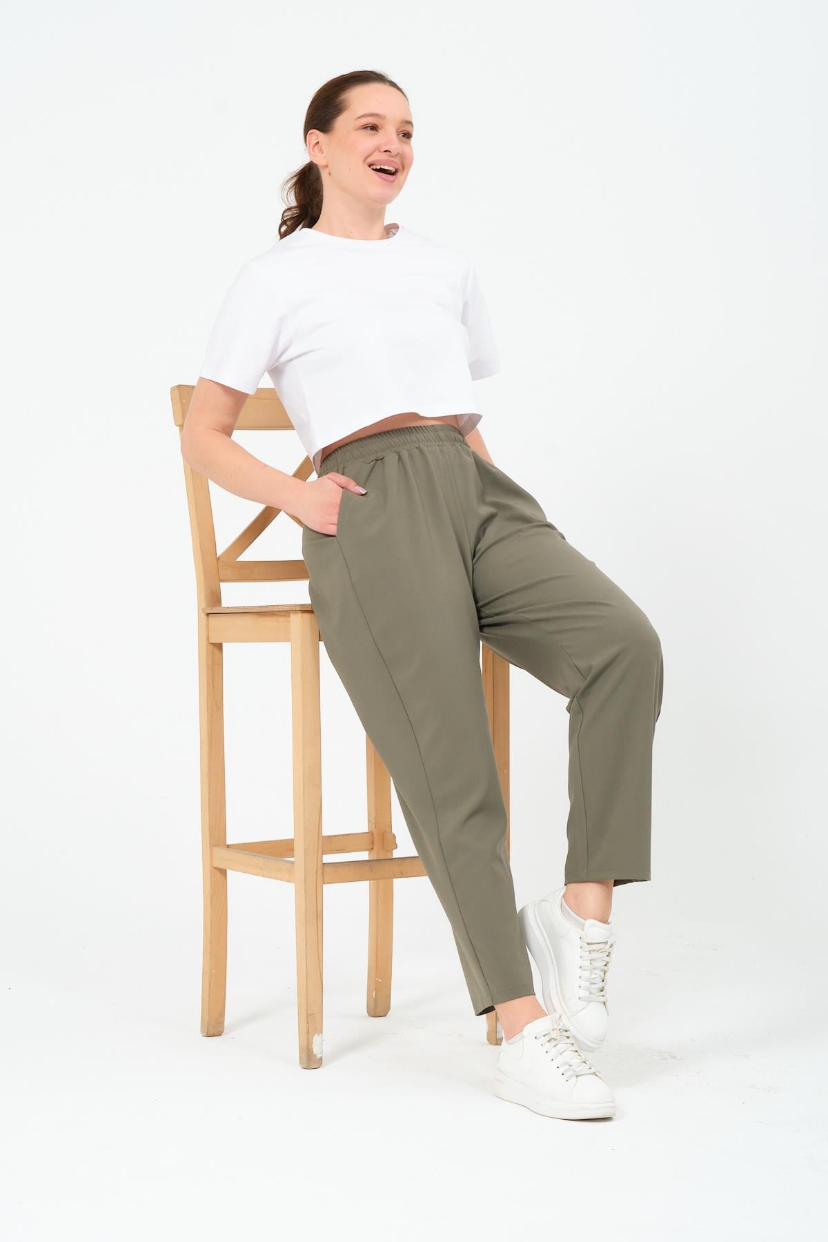 Busa Giyim Büyük Beden Gabardin Mom Fit Klasik Pantolon HAKİ