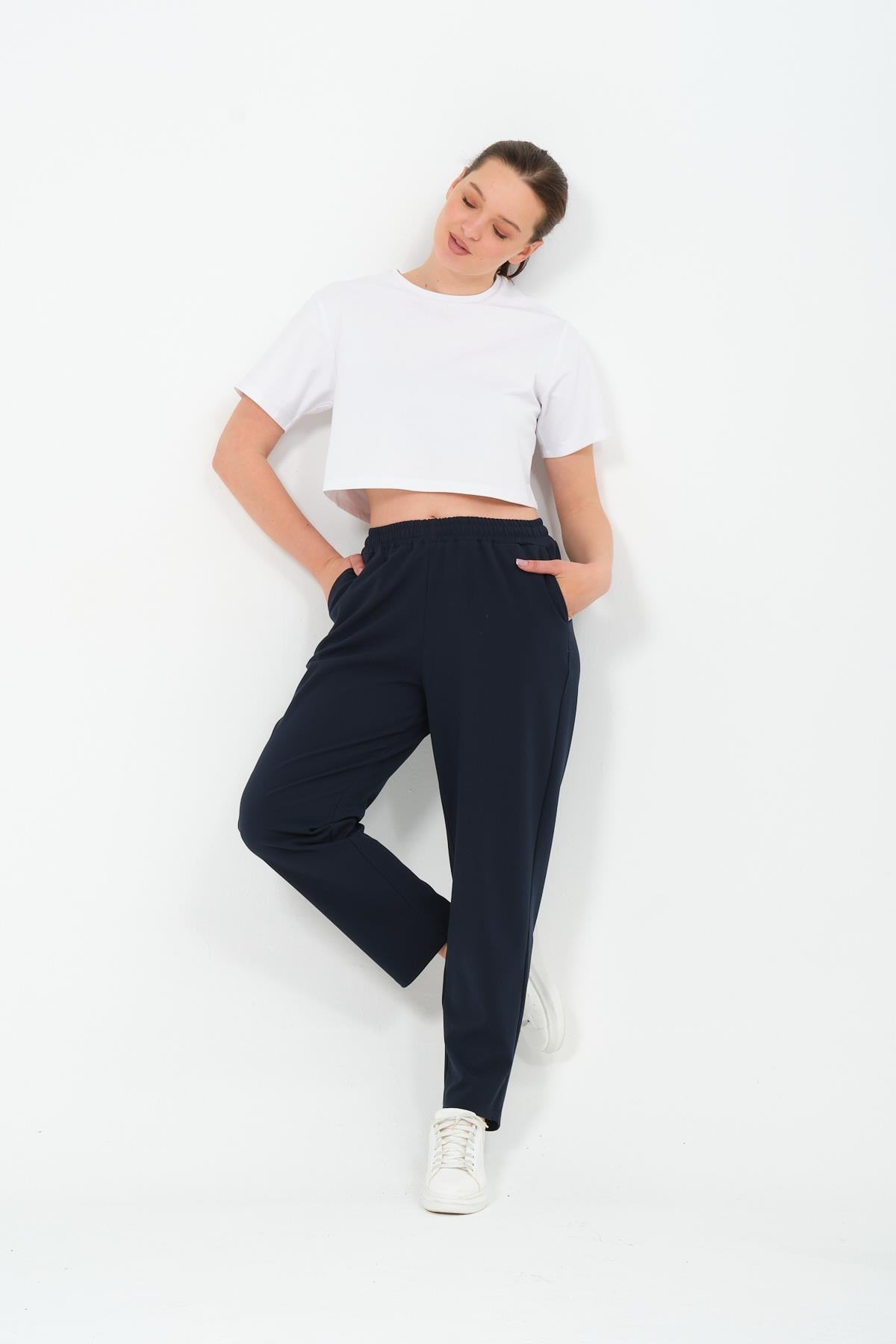 Busa Giyim Büyük Beden Gabardin Mom Fit Klasik Pantolon LACİVERT