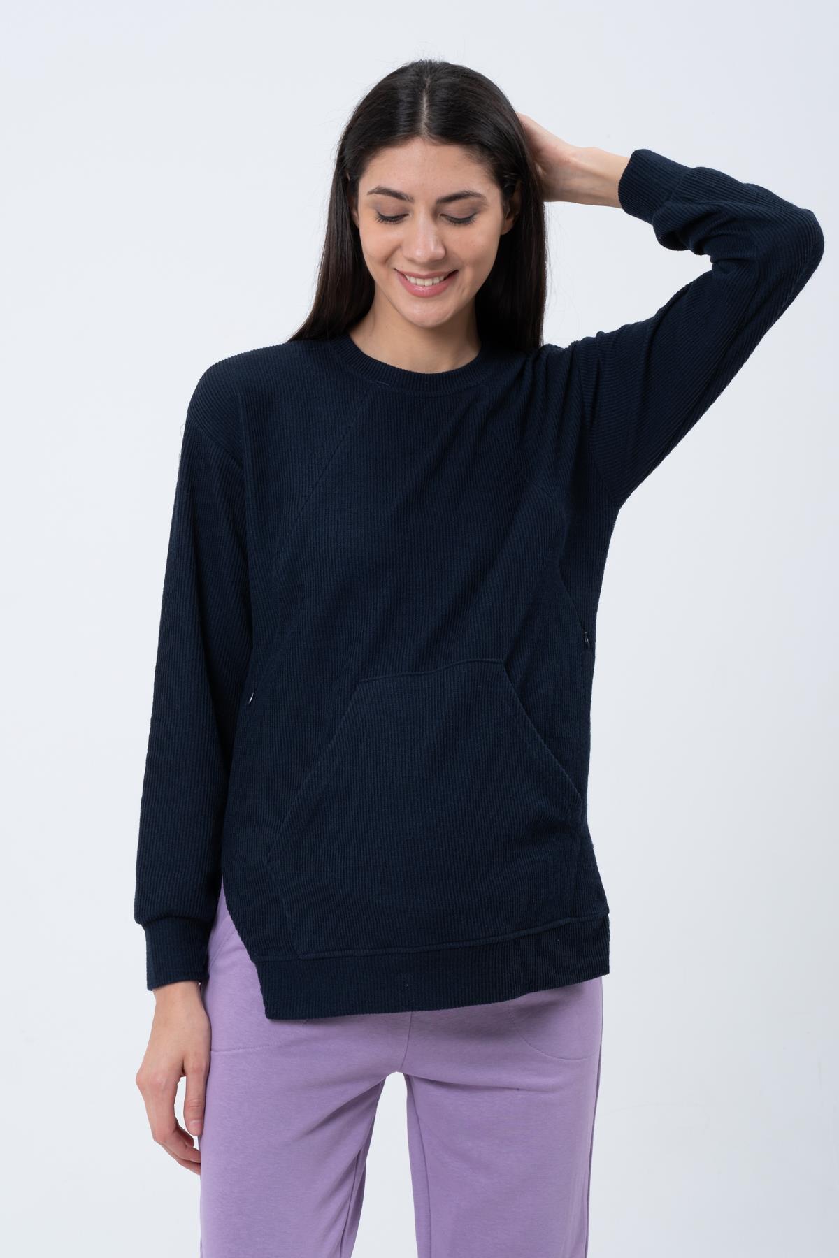 Busa Hamile Emzirme Detaylı Triko Sweatshirt LACİVERT
