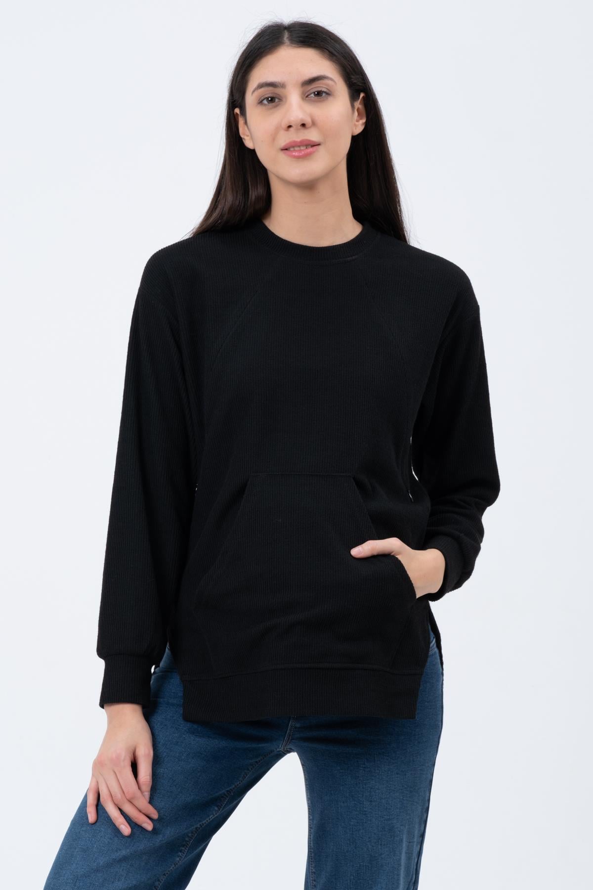 Busa Hamile Emzirme Detaylı Triko Sweatshirt SİYAH
