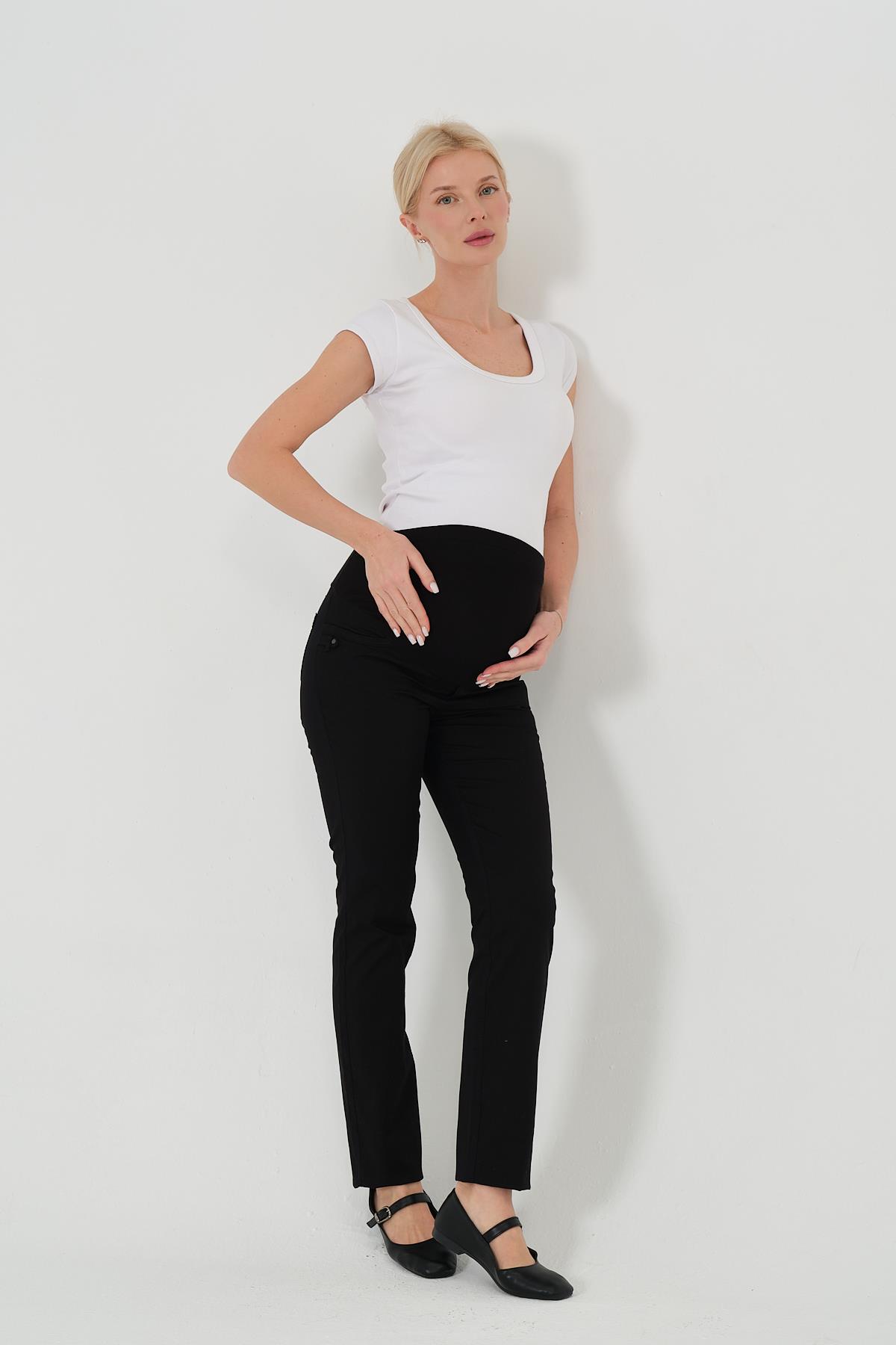 Busa Hamile Esnek Karın Bantlı Mom Fit Kumaş Pantolon SİYAH