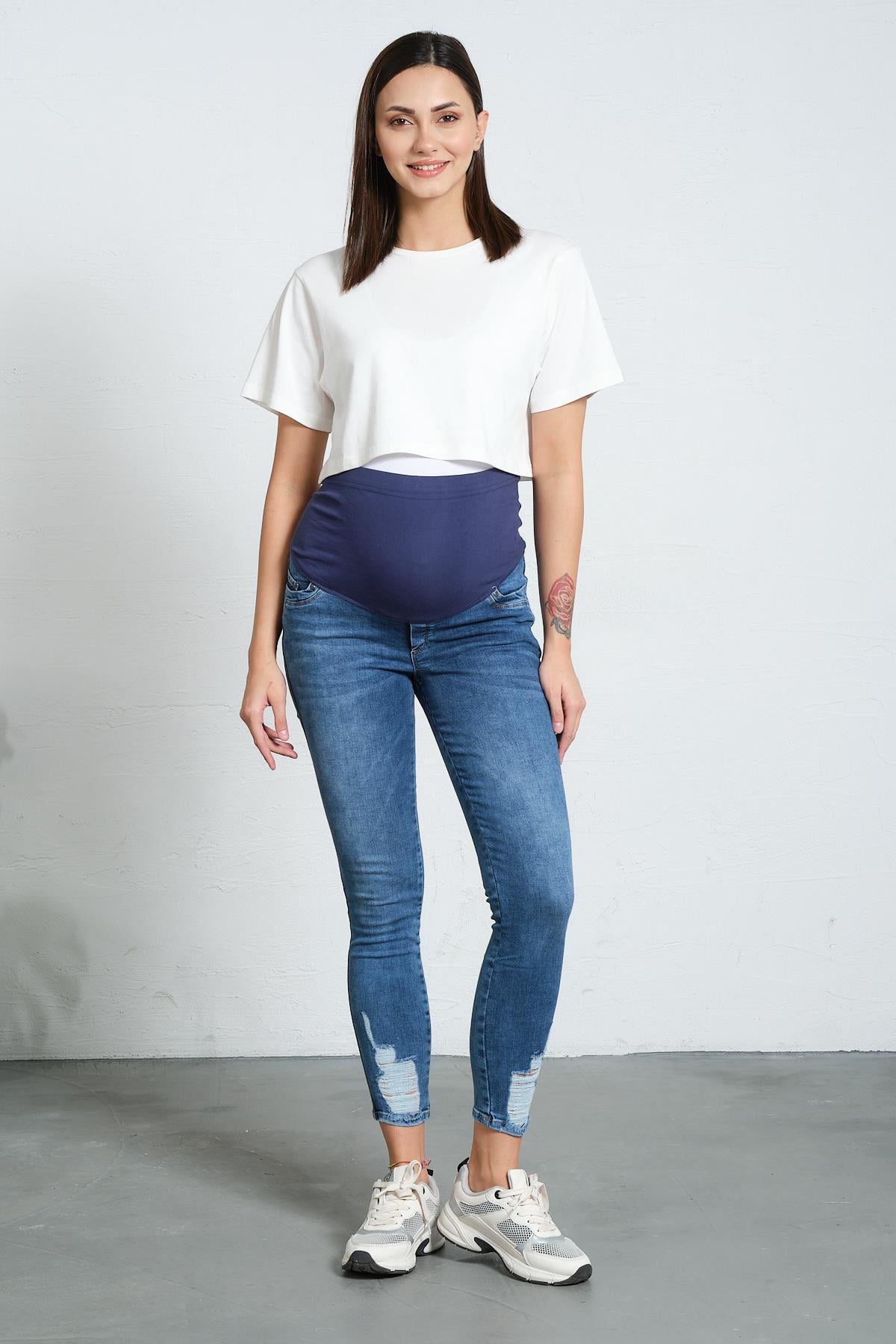 Hamile Kot Pantolon Skinny Paça Yırtık Model Mavi