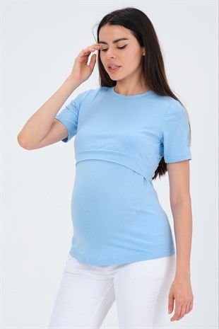 Busa Hamile Emzirme Detaylı Kısa Kollu T-Shirt Mavi