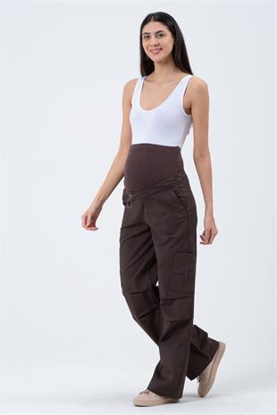 Busa Hamile Esnek Karın Bantlı Beli Ayarlı Paraşüt Kumaş Kargo Pantolon Kahverengi