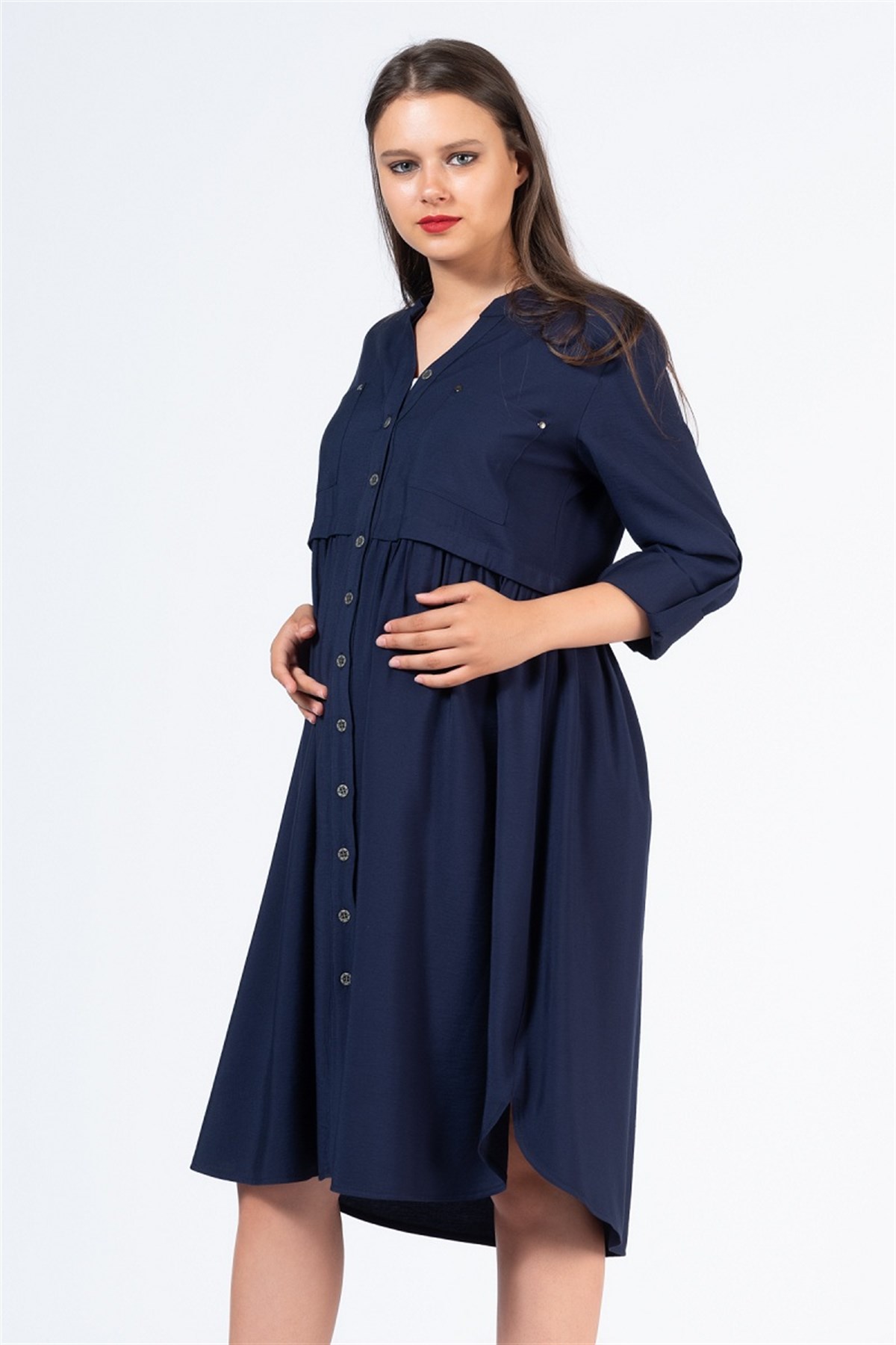 Hamile Günlük Elbise Boydan Düğmeli Lacivert | busagiyim.com