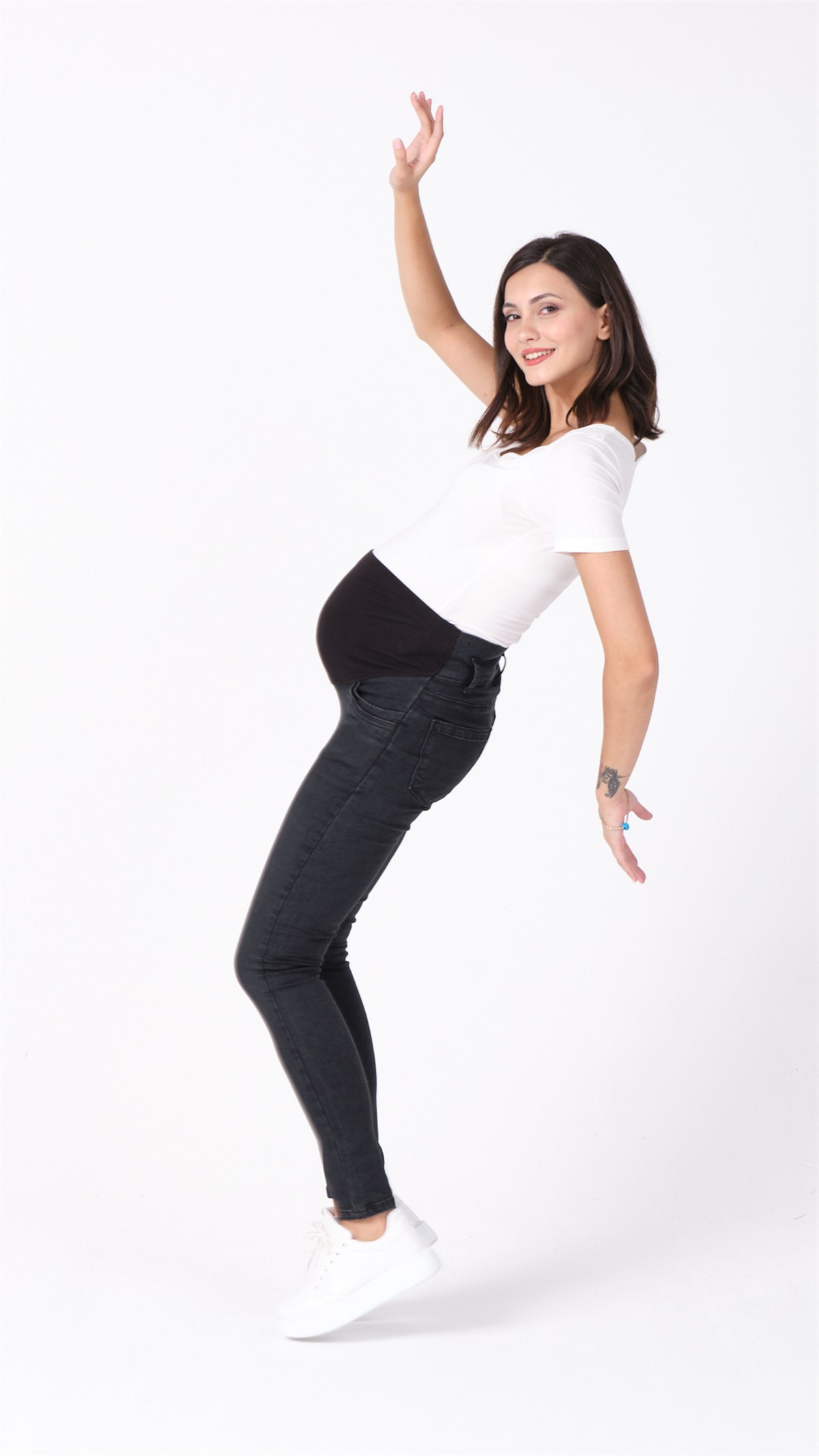 Busa Hamile Arka Kemerli Esnek Karın Bantlı Skinny Kot Pantolon Antrasit