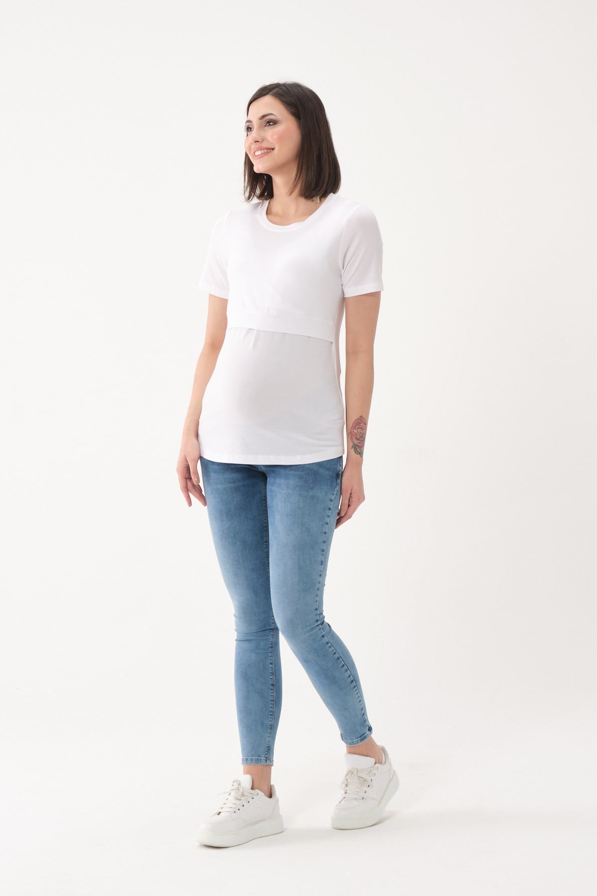Busa Hamile Emzirme Detaylı Kısa Kollu T-Shirt Beyaz