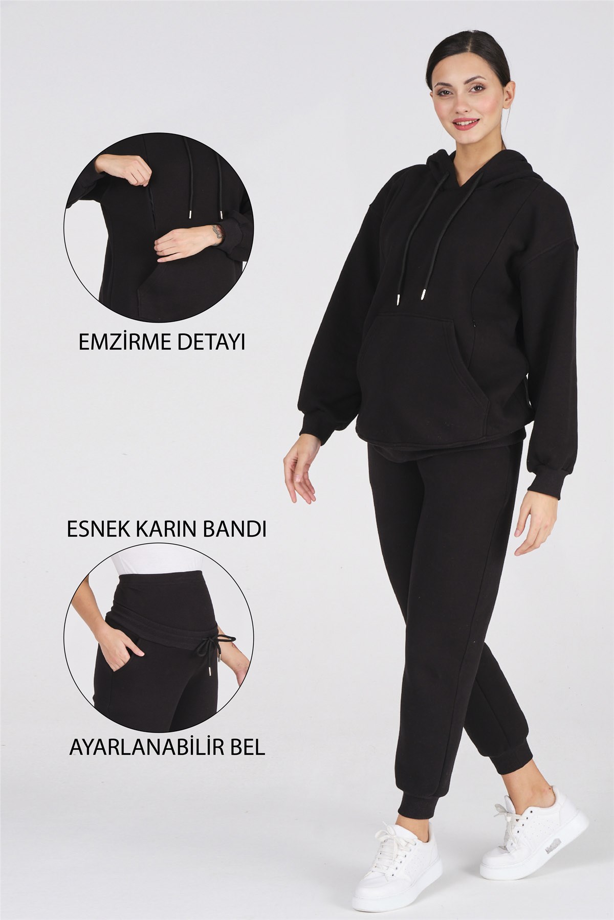 Busa Hamile Emzirme Detaylı Termal Eşofman Takımı Siyah