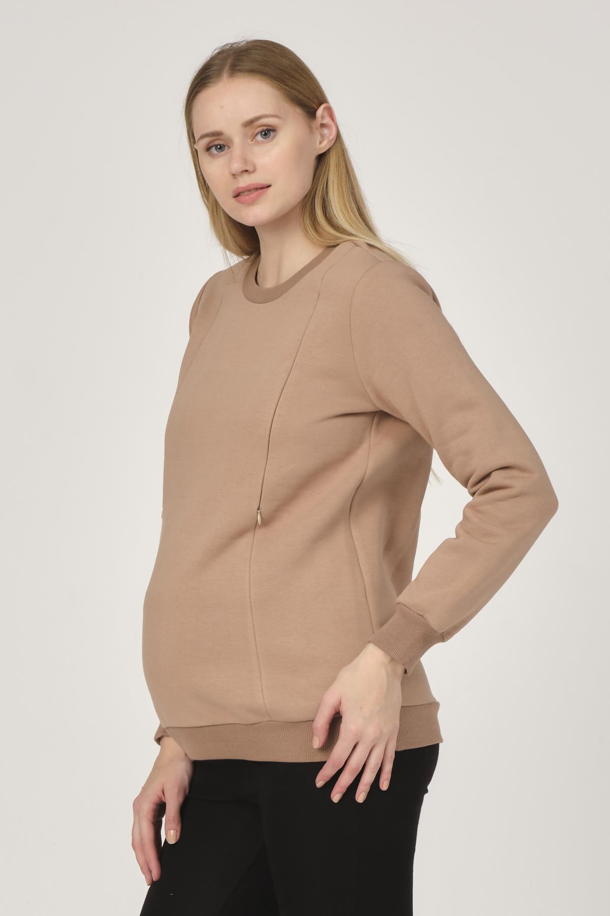 Busa Hamile Emzirme Detaylı Termal Sweatshirt Bej