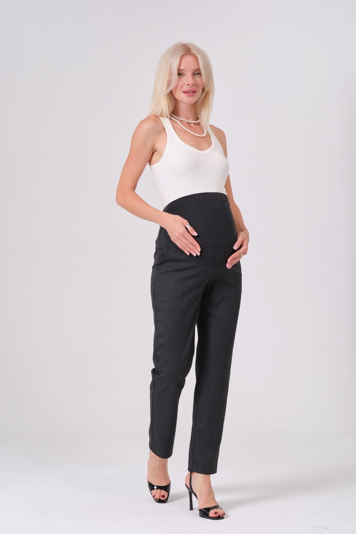 Busa Hamile Esnek Karın Bantlı Balık Sırtı Mom Fit Klasik Pantolon ANTRASİT