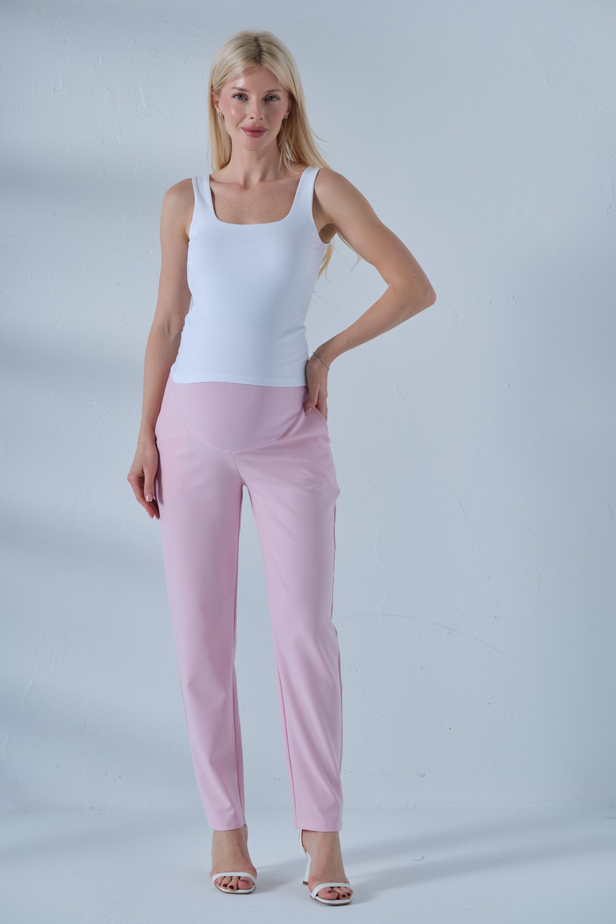 Busa Hamile Esnek Karın Bantlı Belden Ayarlı Mom Fit Klasik Gabardin Pantolon AÇIK PEMBE