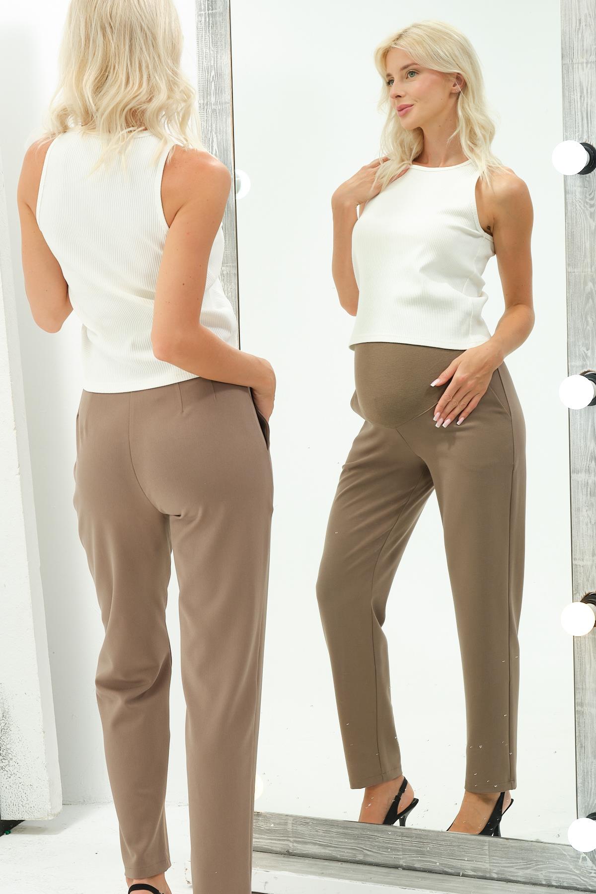 Busa Hamile Esnek Karın Bantlı Beli Ayarlı Kışlık Mom Fit Gabardin Pantolon Vizon