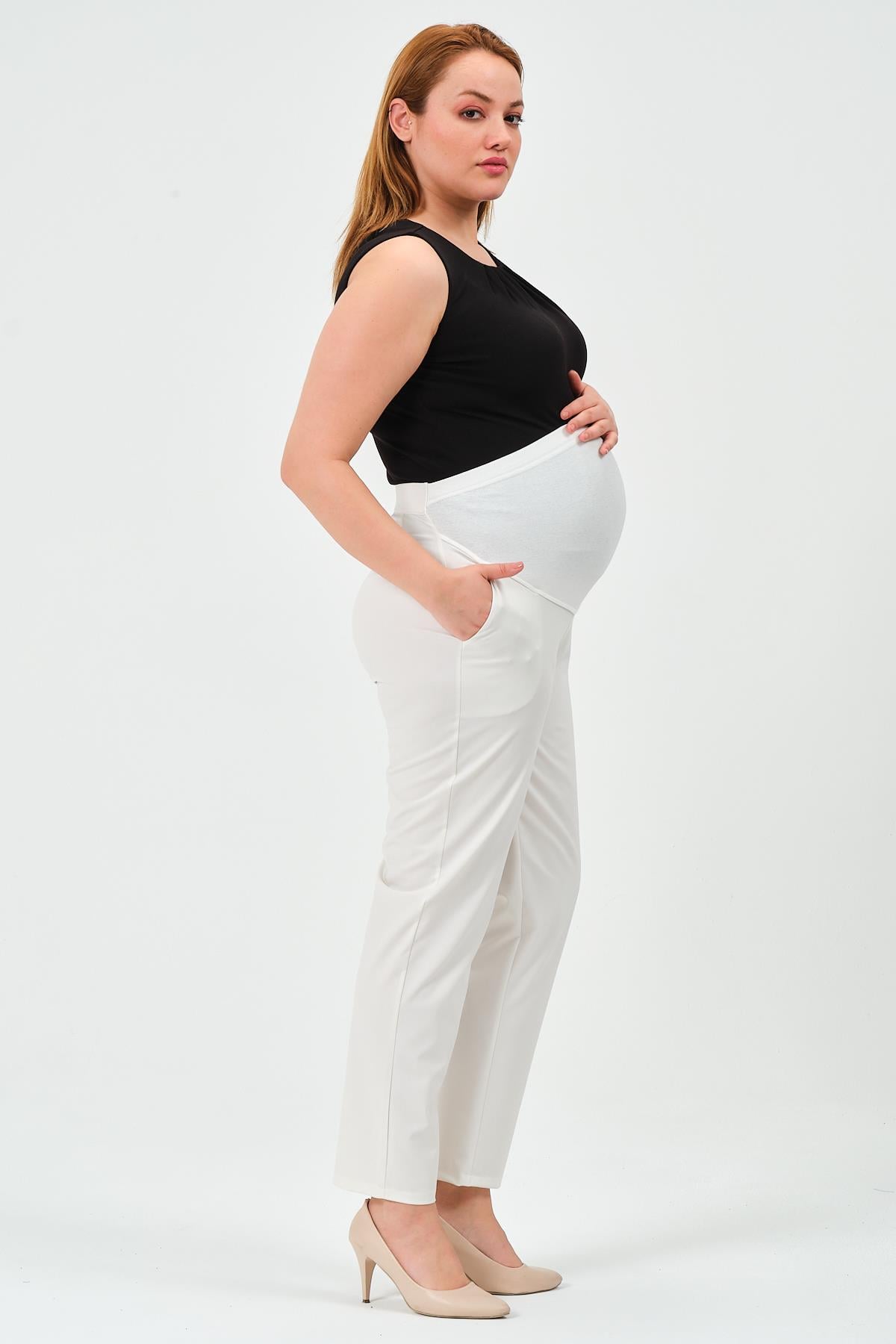 Busa Hamile Esnek Karın Bantlı Beli Ayarlı Klasik Mom Fit Pantolon Ekru