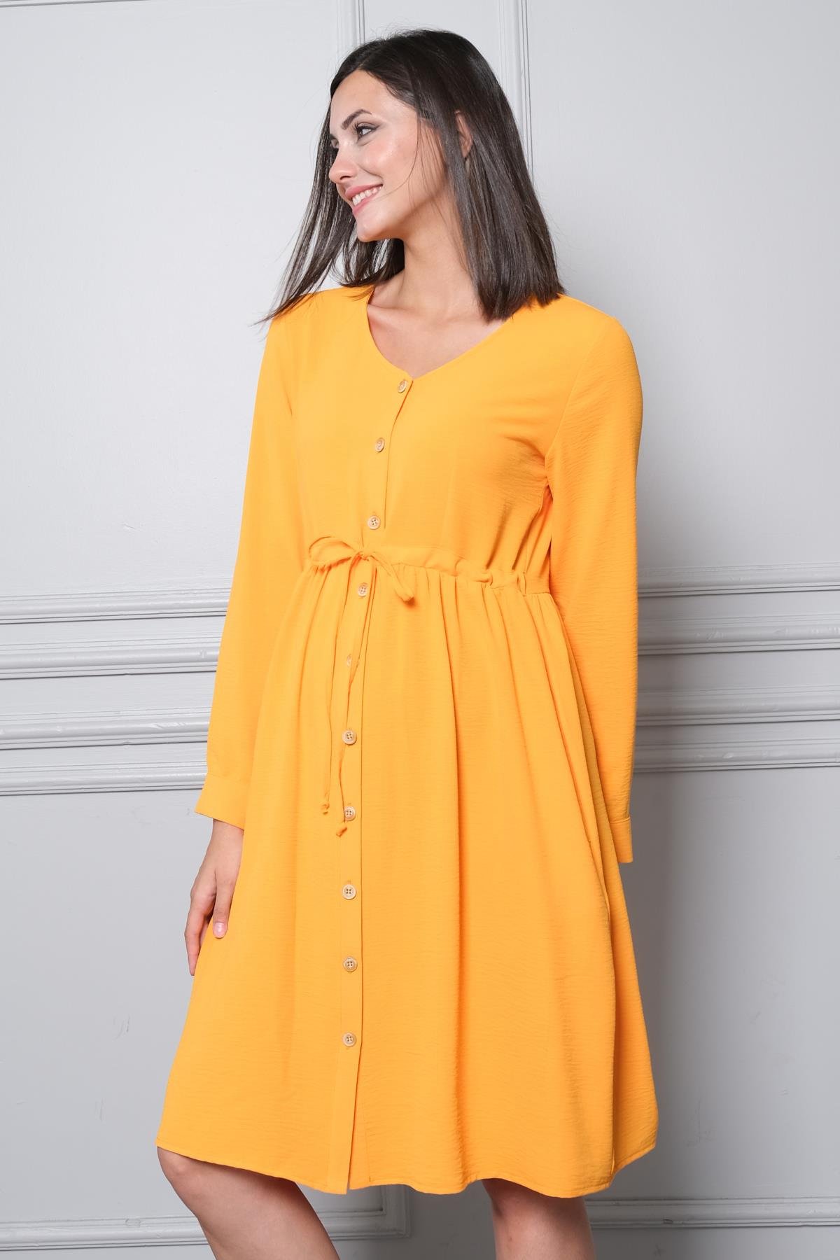 Busa Hamile Önden Düğmeli Ve Bağcıklı Uzun Kollu Viskon Elbise Mango