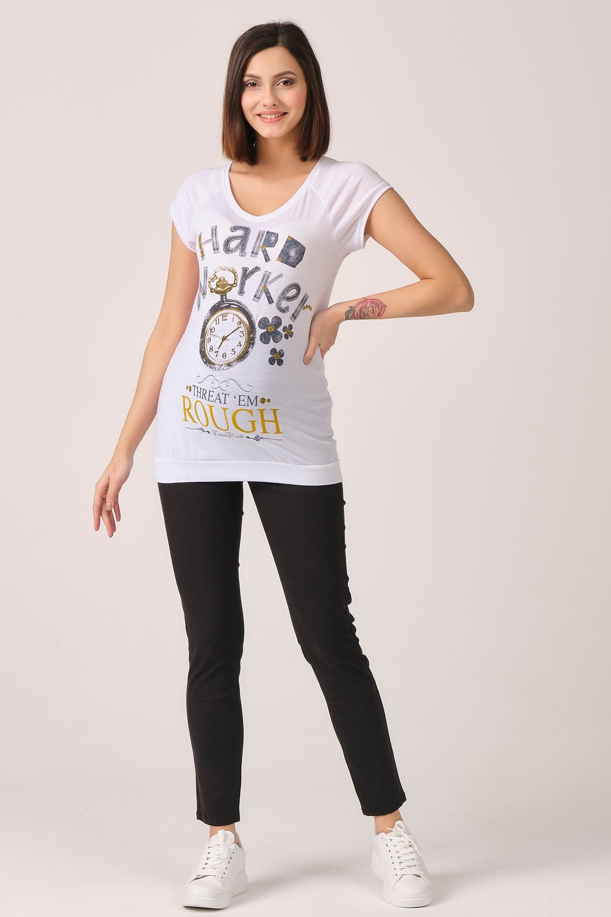 Hamile Body Baskılı Desenli Model Ekru