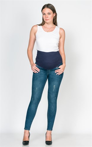 Hamile Kot Pantolon Bacak Çizgi Model Yırtıklı MAVİ