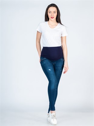 Busa Hamile Esnek Karın Bantlı Skinny Kot Pantolon Yırtıklı Model MAVİ