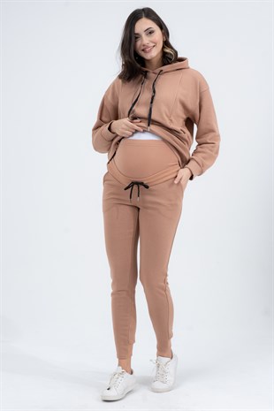 Busa Hamile Emzirme Detaylı Esnek Karın Bantlı Üç İplik Eşofman Takımı Kahverengi