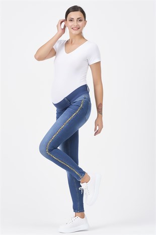 Busa Hamile Kot Pantolon Skinny ( Leoparlı Yan Şerit ) MAVİ