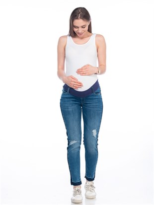 Busa Hamile Mom Fıt Ribanalı Jean AÇIK MAVİ