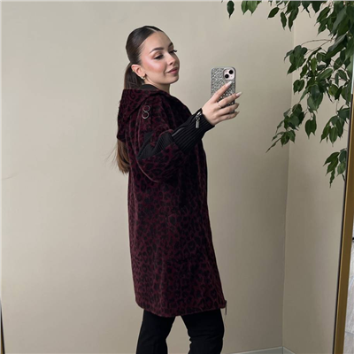 Fermuarlı Angora Kaban Bordo Leopar