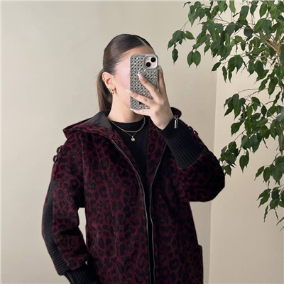 Fermuarlı Angora Kaban Bordo Leopar