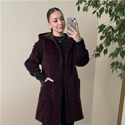 Fermuarlı Angora Kaban Bordo Leopar