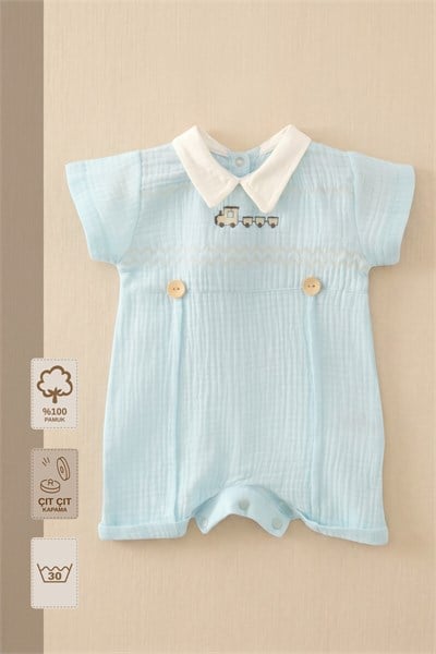 - %100 Pamuk Müslin Bebek Tulum | Tren Nakışlı | Yakalı