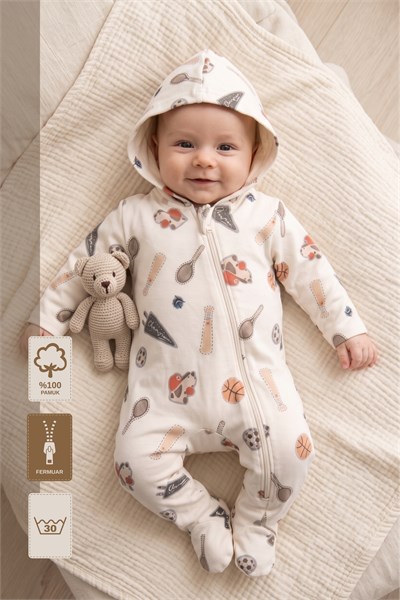 Minory Baby - Kapüşonlu Desenli Fermuarlı Patikli Bebek Tulum