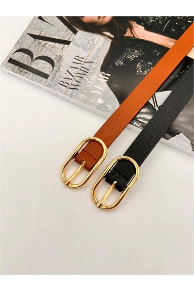 2li Uzun Oval Tokalı Gold Kadın Kemer Pantolon Kemeri Elbise Kemeri Gömlek Kemeri Ceket Kemeri