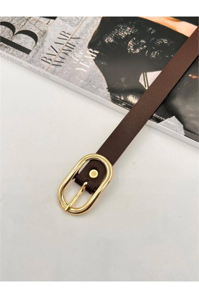 Acı Kahve Uzun Oval Tokalı Gold Kadın Kemer Pantolon Kemeri Elbise Kemeri Gömlek Kemeri Ceket Kemeri Kahve