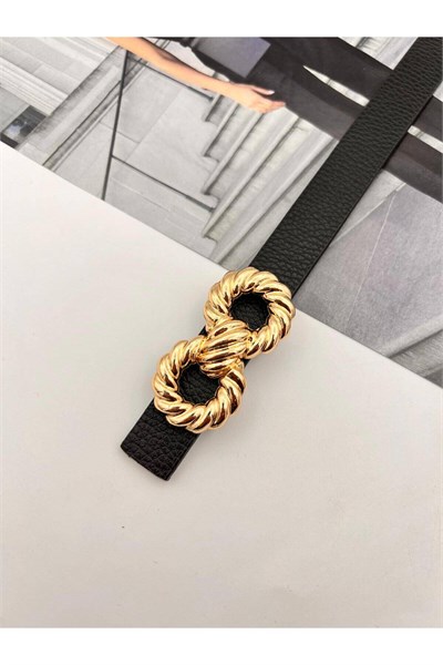 Burgulu Gold Tokalı Kadın Kemer Pantolon Kemeri Elbise Kemeri Gömlek Kemeri Ceket Kemeri Siyah