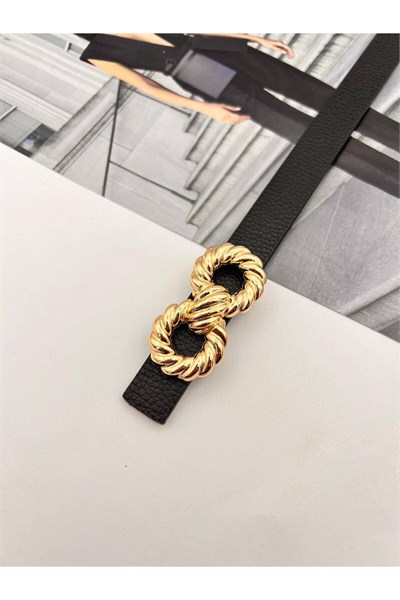 Burgulu Gold Tokalı Kadın Kemer Pantolon Kemeri Elbise Kemeri Gömlek Kemeri Ceket Kemeri Siyah