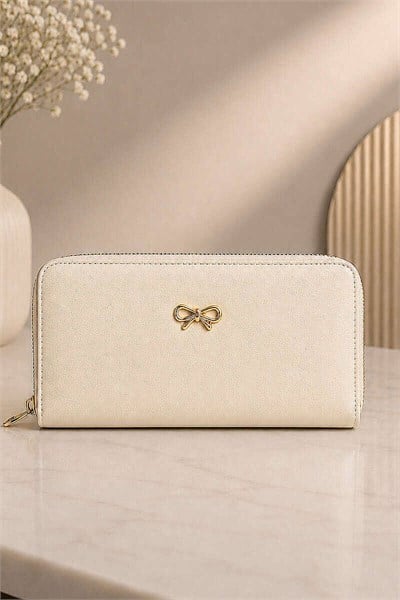 Fiyonk Detaylı Fermuarlı Cüzdan Krem